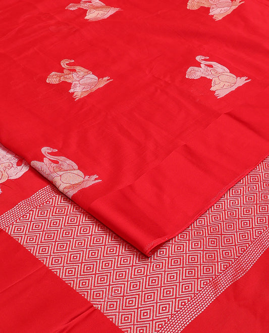 Red swan buttas and sparsely stripes woven silk saree, self-pallu of jaal design