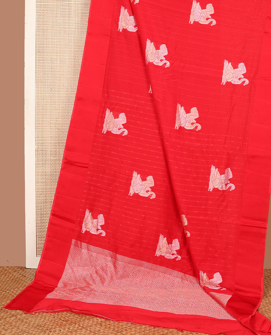 Red swan buttas and sparsely stripes woven silk saree, self-pallu of jaal design