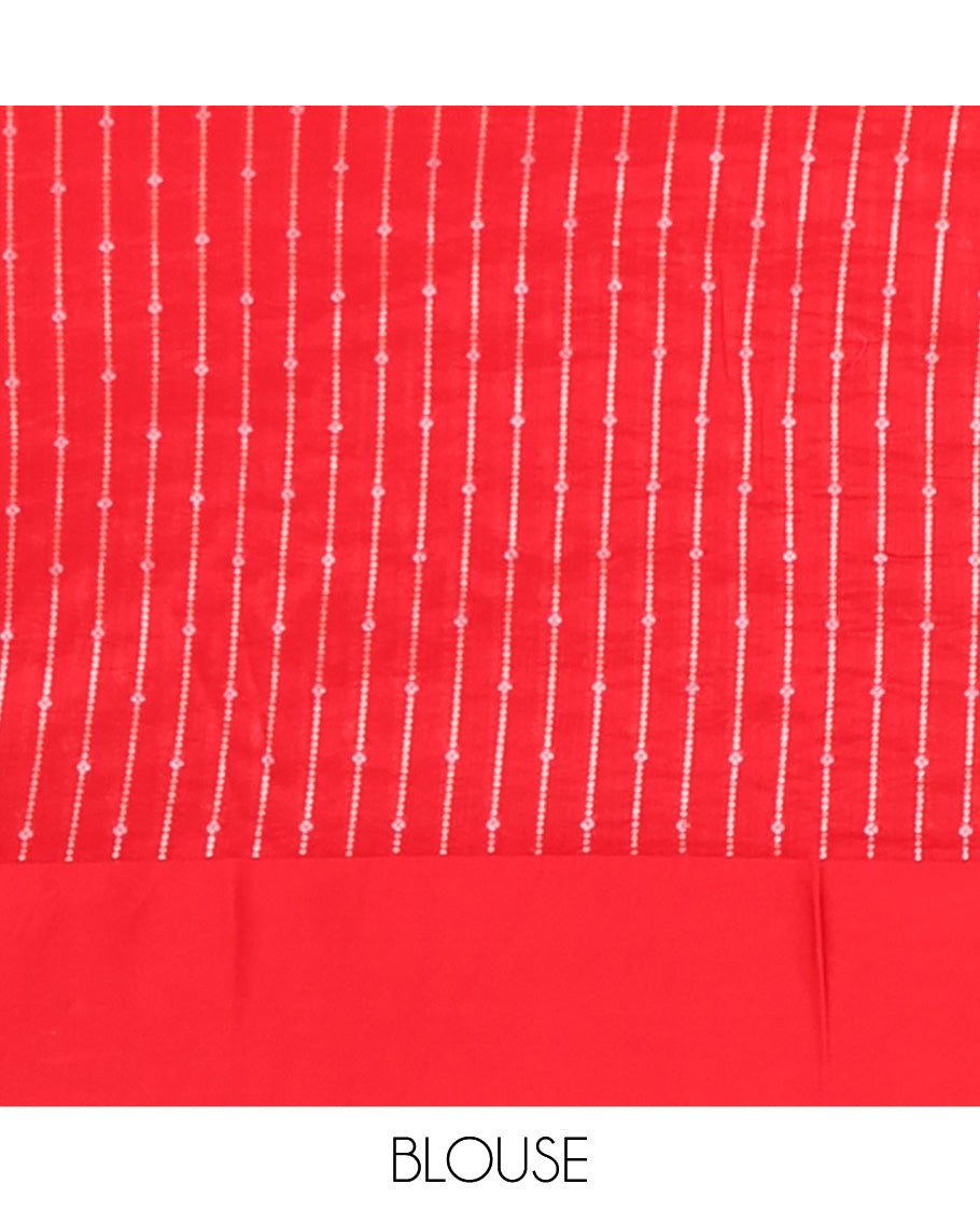 Red swan buttas and sparsely stripes woven silk saree, self-pallu of jaal design