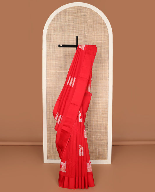 Red swan buttas and sparsely stripes woven silk saree, self-pallu of jaal design