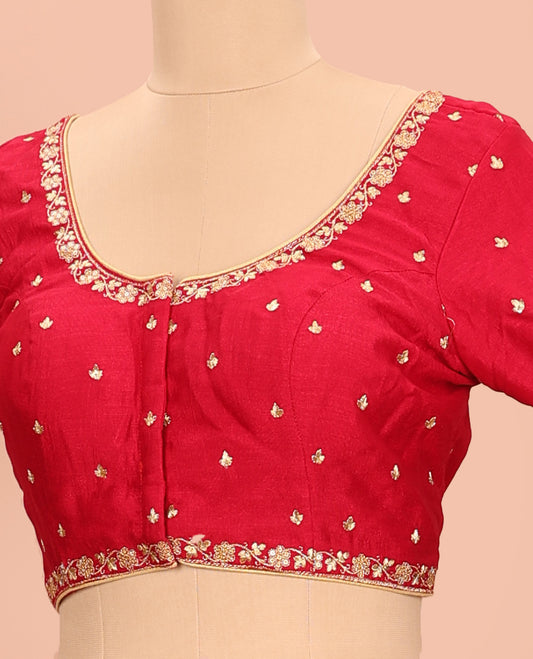 Red embroidered round neck with elbow sleeved raw-silk blouse