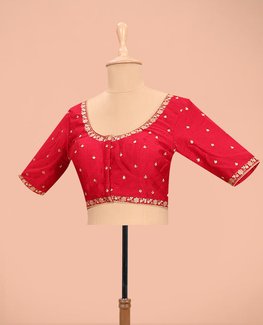 Red embroidered round neck with elbow sleeved raw-silk blouse