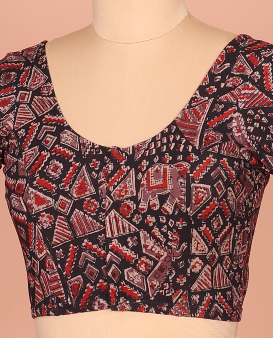 Black Cotton Readymade Blouse Subtly Printed with All-Over Geometric and Elephant Print, Featuring a Front Round-Neck, a Back Round-Neck, and Elbow Sleeves