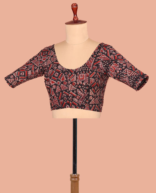 Black Cotton Readymade Blouse Subtly Printed with All-Over Geometric and Elephant Print, Featuring a Front Round-Neck, a Back Round-Neck, and Elbow Sleeves