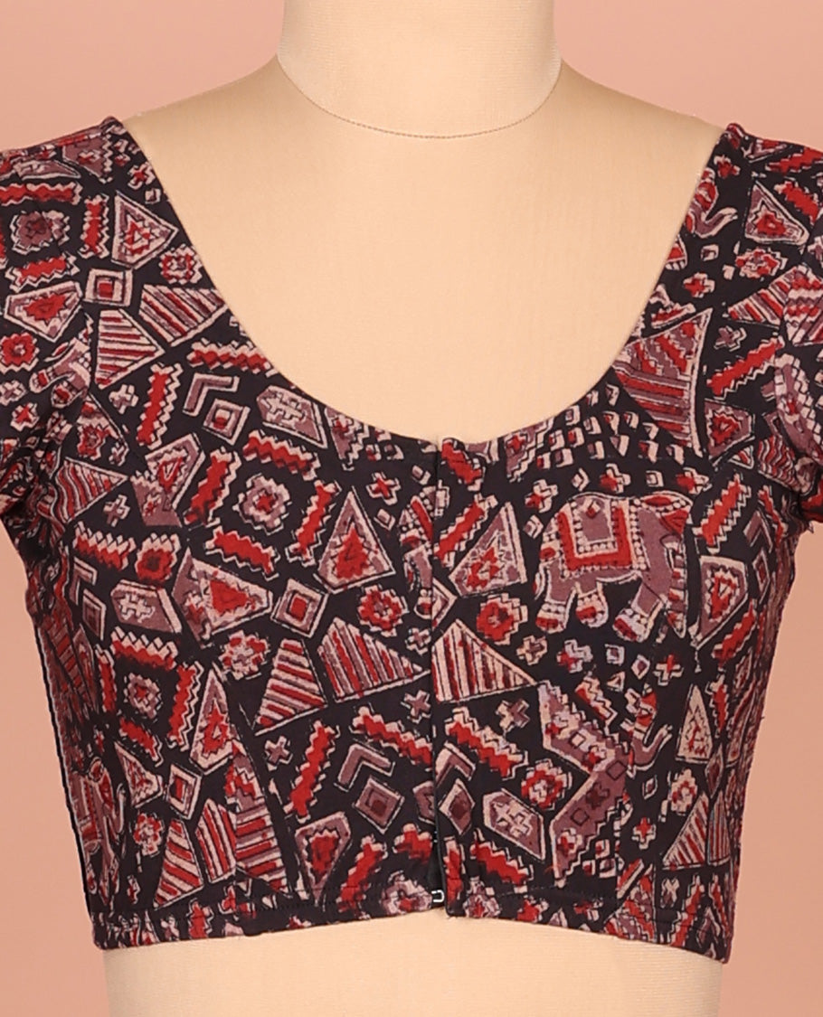 Black Cotton Readymade Blouse Subtly Printed with All-Over Geometric and Elephant Print, Featuring a Front Round-Neck, a Back Round-Neck, and Elbow Sleeves