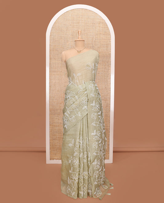 Borderless beige floral vine thread embroidered tissue saree, floral vine thread embroidered pallu