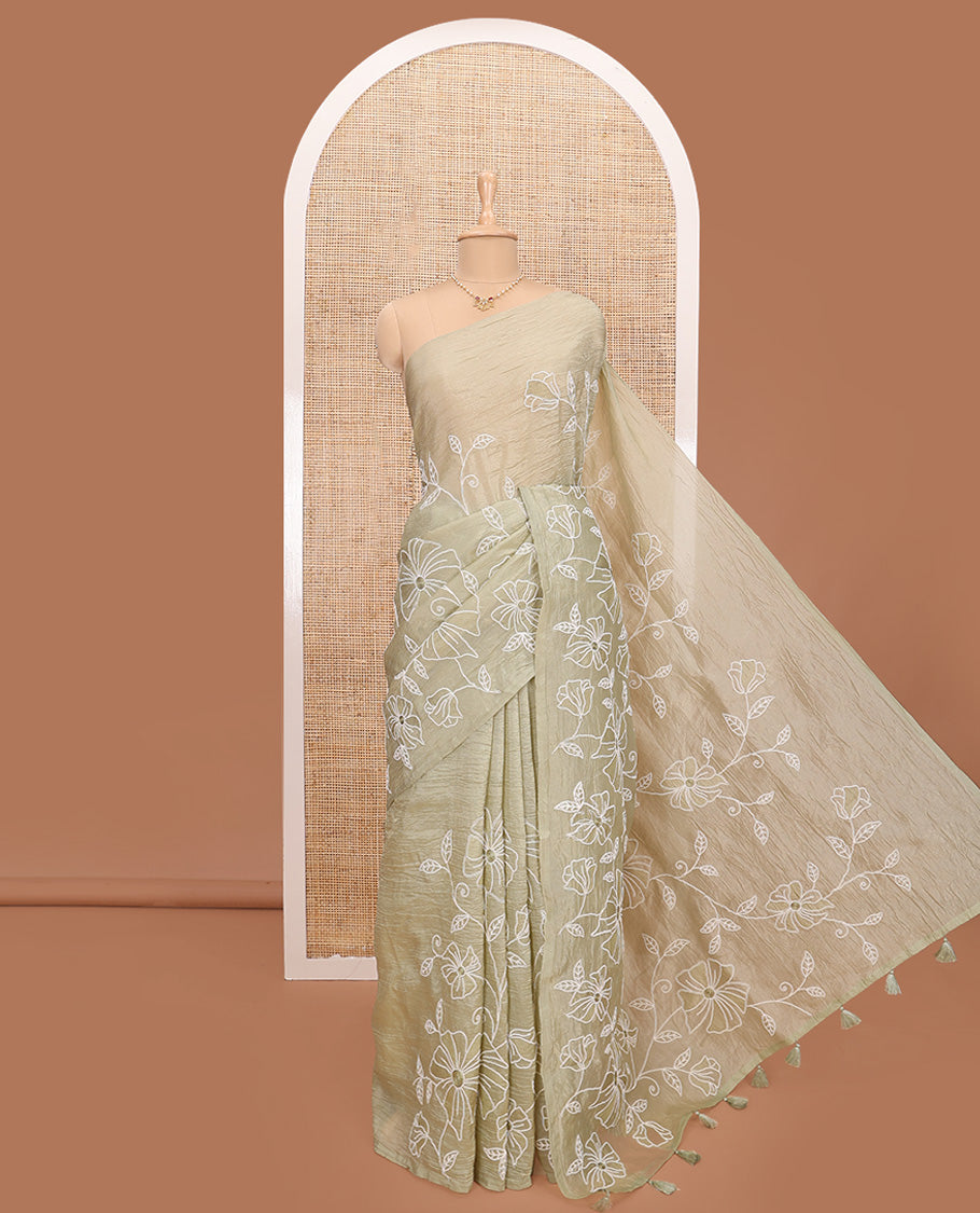 Borderless beige floral vine thread embroidered tissue saree, floral vine thread embroidered pallu