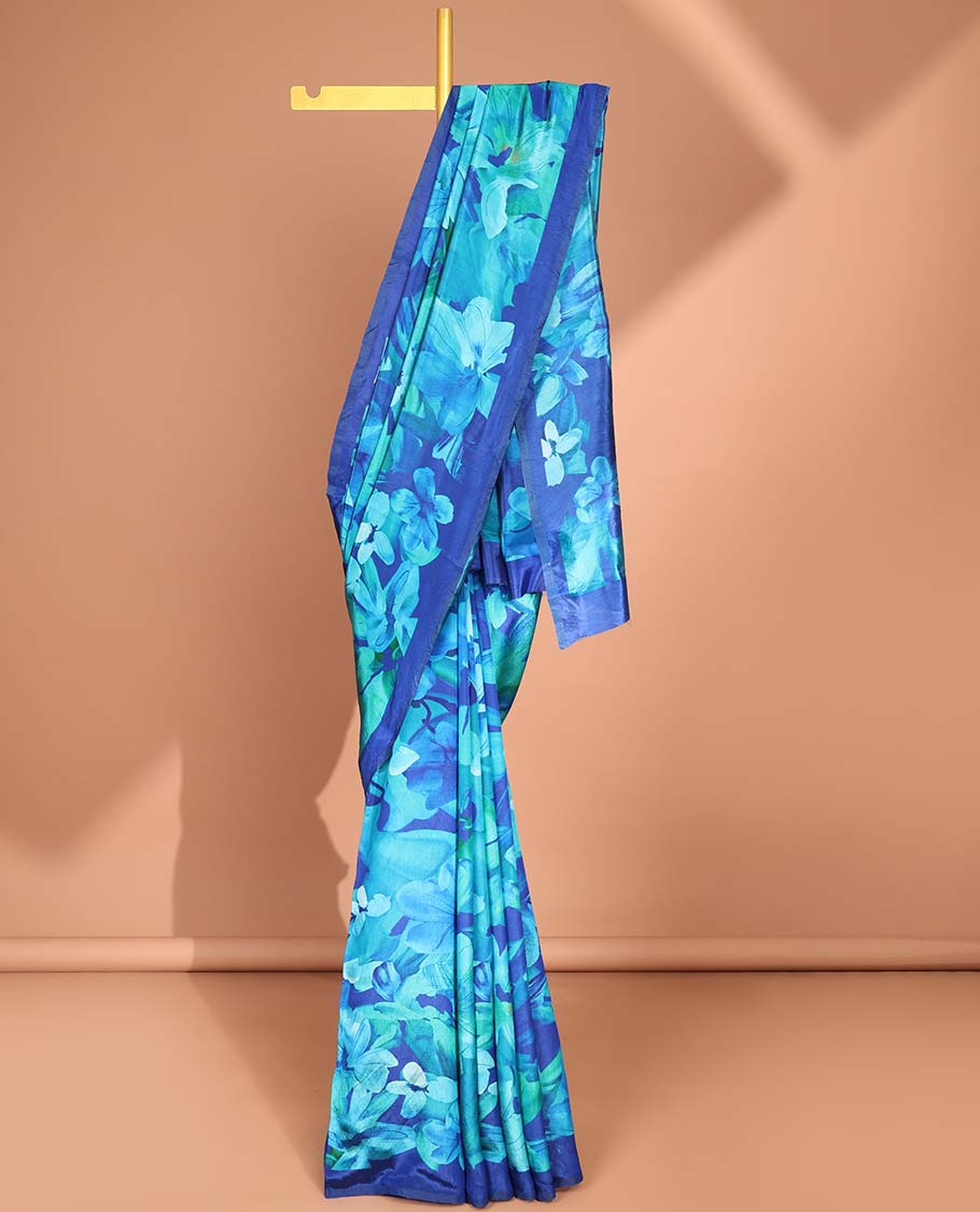 Blue floral digital printed crepe saree with contrast plain border