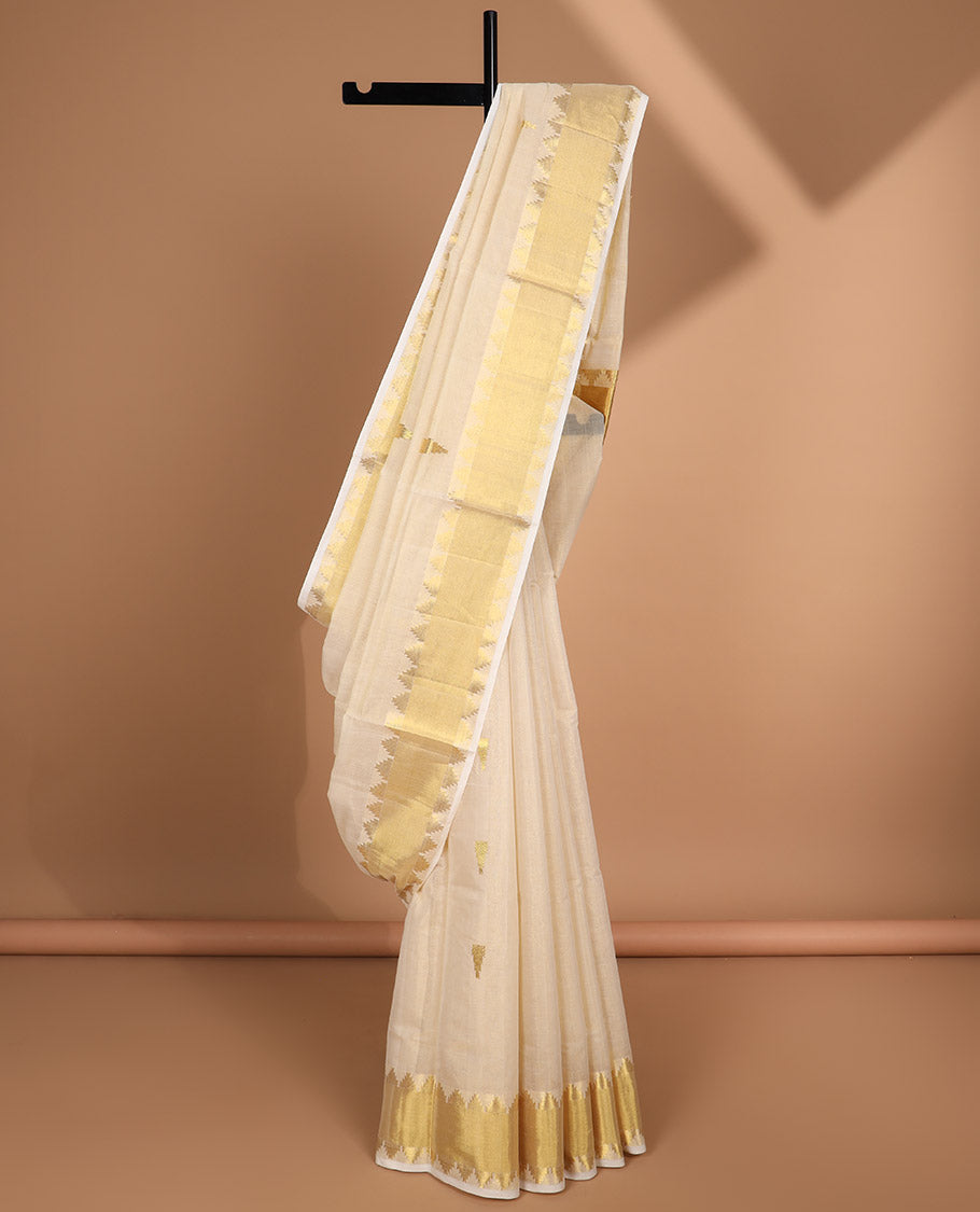Cream triangle motifs kasavu saree with self temple border & temple design pallu