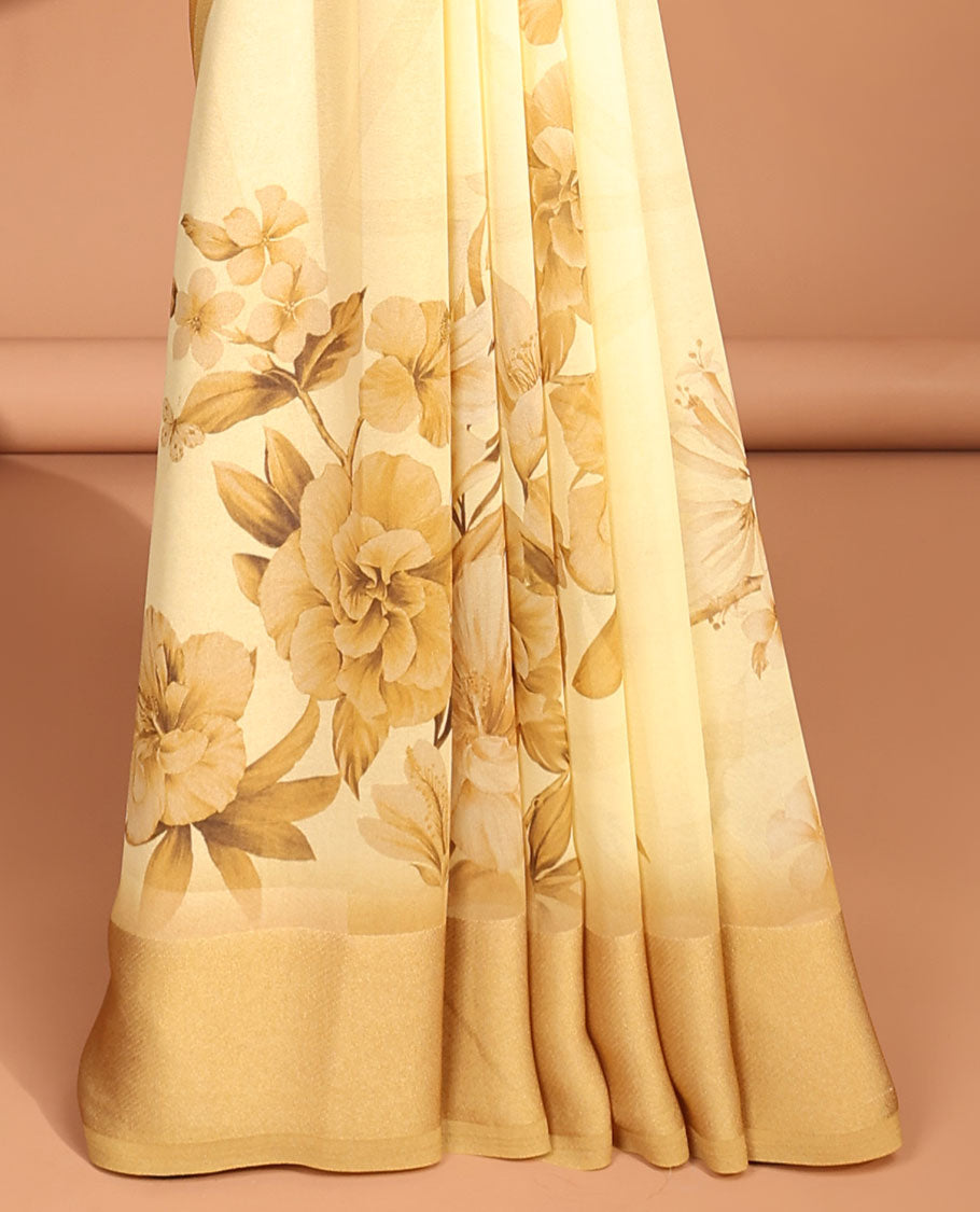 Yellow digital floral print georgette saree with satin border & self pallu