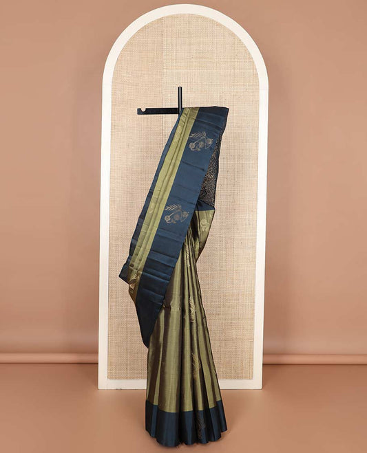 Green floral zari buttas silk mix saree, contrast floral zari design border & floral jaal pallu