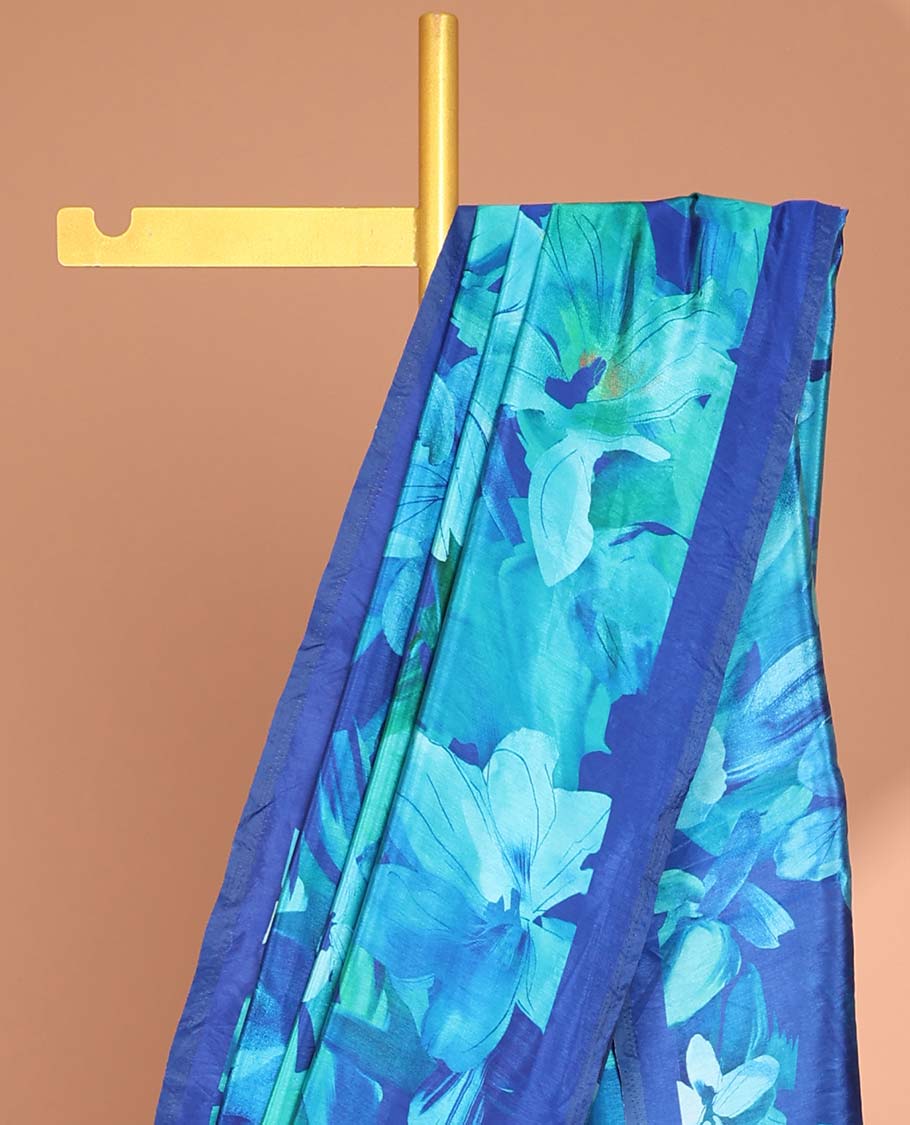 Blue floral digital printed crepe saree with contrast plain border