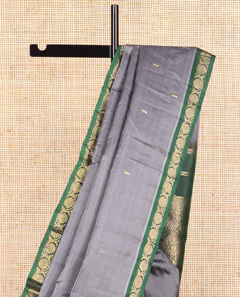 Grey buttas kancheepuram silk saree contrast border of poo chakram design & floral jaal design pallu