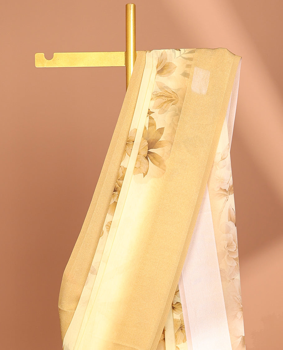 Yellow digital floral print georgette saree with satin border & self pallu