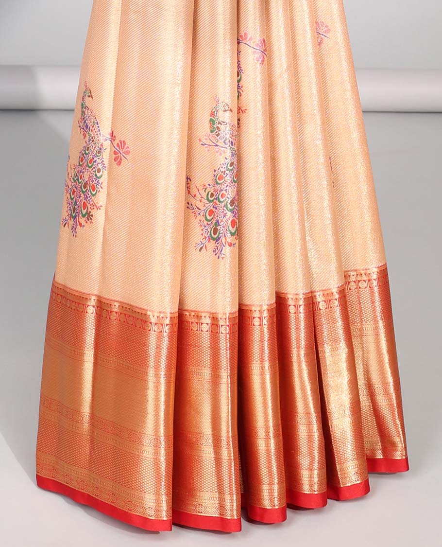 Brown peacock buttas budget silk saree with contrast intricate zari design border & floral zari design pallu
