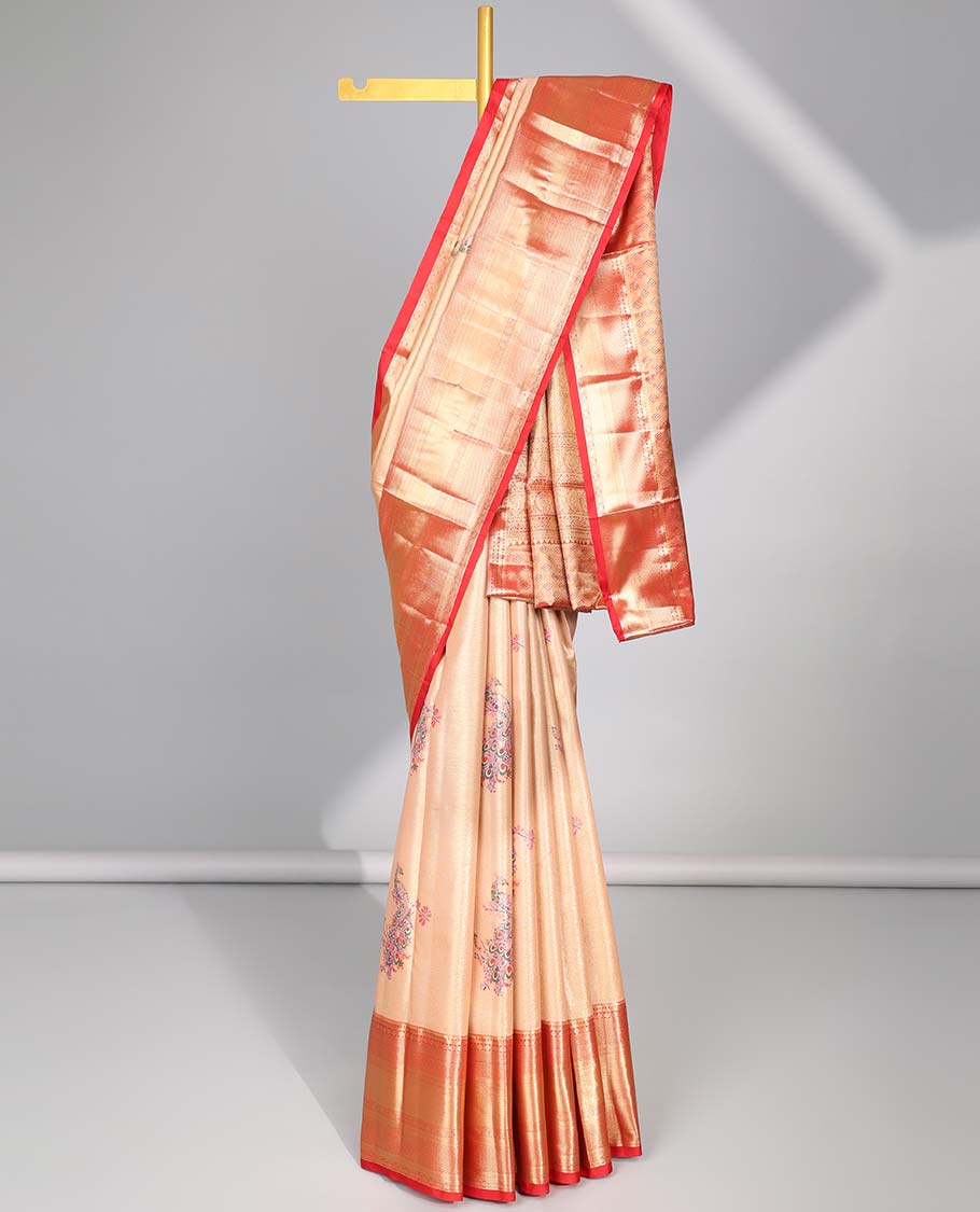 Brown peacock buttas budget silk saree with contrast intricate zari design border & floral zari design pallu
