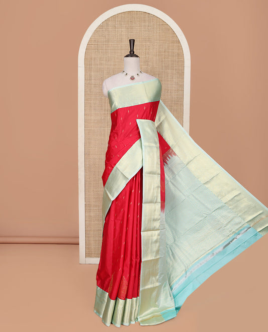 Red Budget Silk Saree, Embellished with Zari Buttas All Over Its Body, Complemented by a Contrast Traditional Zari Design Border, Majestically Detailed Pallu, and Paired with a Contrast Blouse