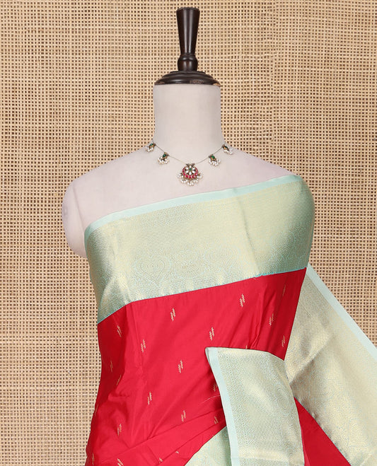 Red Budget Silk Saree, Embellished with Zari Buttas All Over Its Body, Complemented by a Contrast Traditional Zari Design Border, Majestically Detailed Pallu, and Paired with a Contrast Blouse