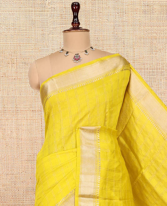 Yellow Checked Assam Silk Saree, Highlighted by a Traditional Zari Border, Zari-Striped Pallu, and a Matching Blouse