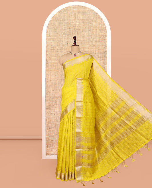 Yellow Checked Assam Silk Saree, Highlighted by a Traditional Zari Border, Zari-Striped Pallu, and a Matching Blouse