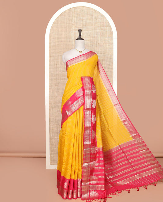 Yellow Assam Silk Saree Subtly Sparkled with Zari Checks, Complemented by Contrast Traditional Zari Border of Floral Designs, a Captivating Pallu of Zari Stripes, and Paired with a Contrast Blouse