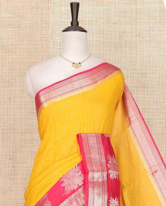 Yellow Assam Silk Saree Subtly Sparkled with Zari Checks, Complemented by Contrast Traditional Zari Border of Floral Designs, a Captivating Pallu of Zari Stripes, and Paired with a Contrast Blouse