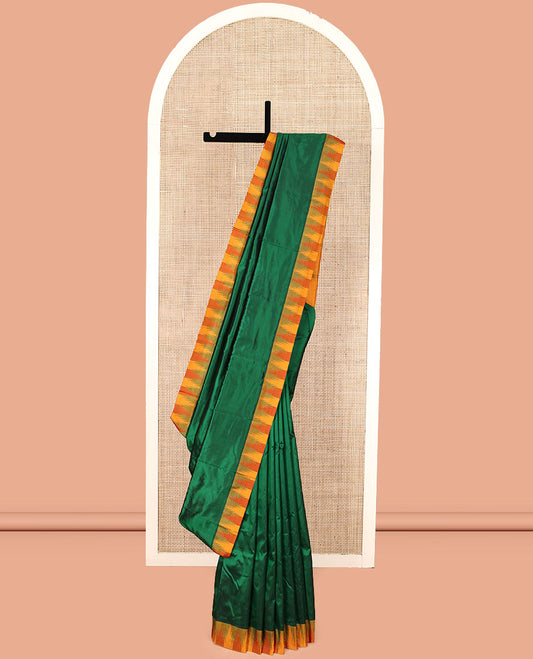 Green Plain Bangalore Silk Saree, Complemented by a Contrast Temple Border, Pallu of Stripes, and a Contrast Blouse
