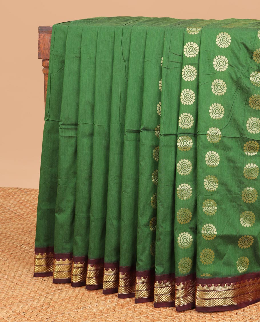 Green flower buttas nine yards cotton saree with contrast intricate zari design border & striped floral design pallu