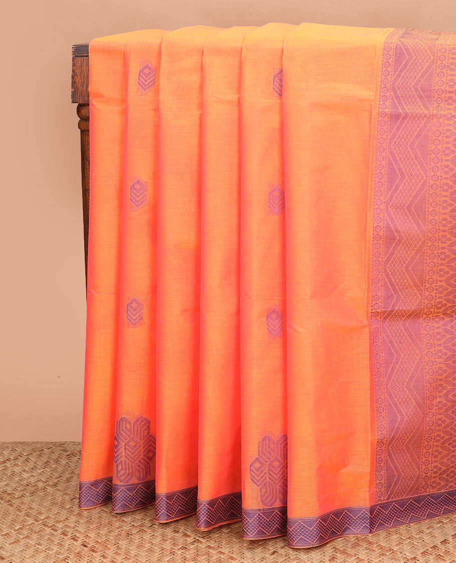 Orange buttas coimbatore cotton saree, contrast chevron striped border and jaal patterned pallu