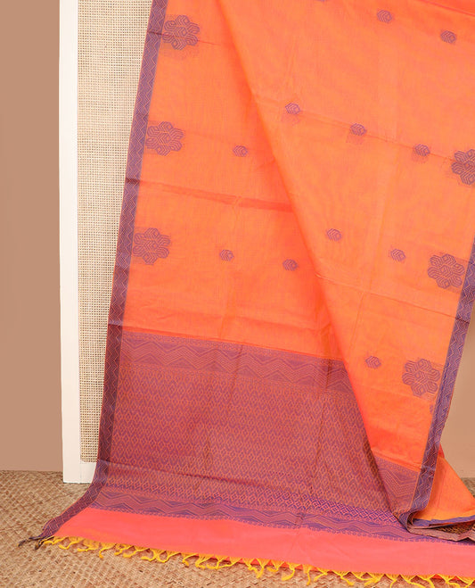 Orange buttas coimbatore cotton saree, contrast chevron striped border and jaal patterned pallu