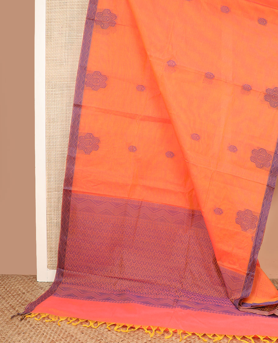 Orange buttas coimbatore cotton saree, contrast chevron striped border and jaal patterned pallu