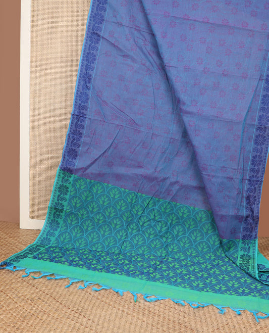 Blue diagonal floral vine Coimbatore cotton saree, floral-paisley border & contrast scallop design pallu