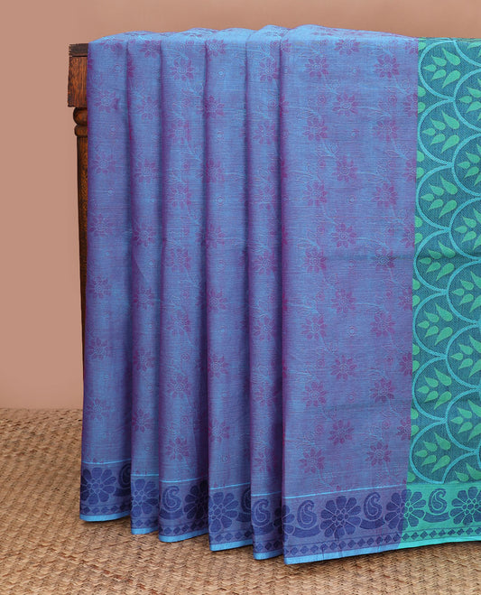Blue diagonal floral vine Coimbatore cotton saree, floral-paisley border & contrast scallop design pallu