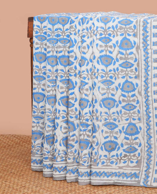 Blue floral block design mul mul cotton saree with contrast intricate design & floral motifs pallu