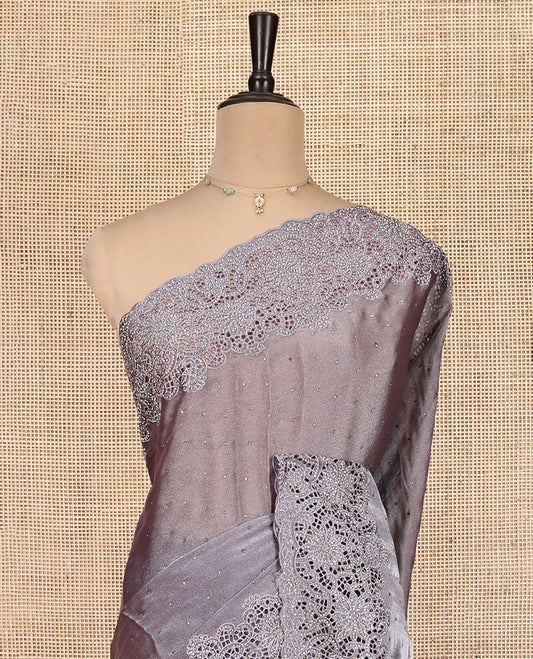 Grey Designer Saree, Decked Up with Stonework, Scallop-Cut Work Border, Self Pallu, and Matching Blouse