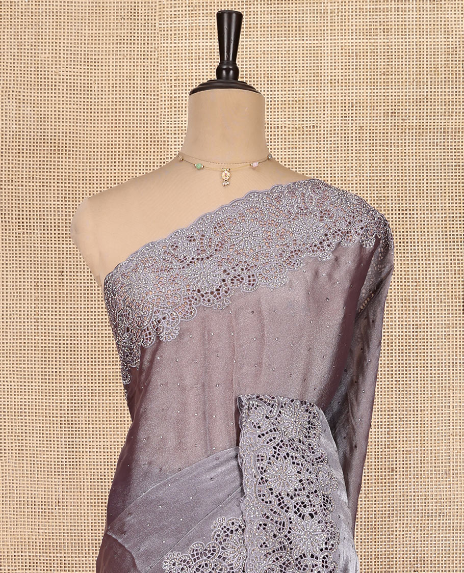 Grey Designer Saree, Decked Up with Stonework, Scallop-Cut Work Border, Self Pallu, and Matching Blouse