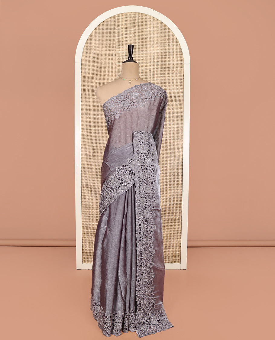 Grey Designer Saree, Decked Up with Stonework, Scallop-Cut Work Border, Self Pallu, and Matching Blouse