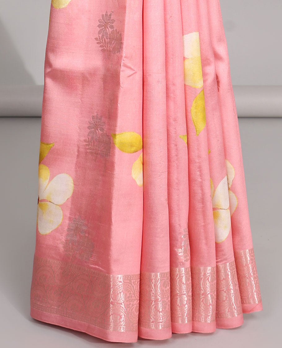 Pink floral printed dupion silk saree with self floral zari design border & intricate zari design pallu
