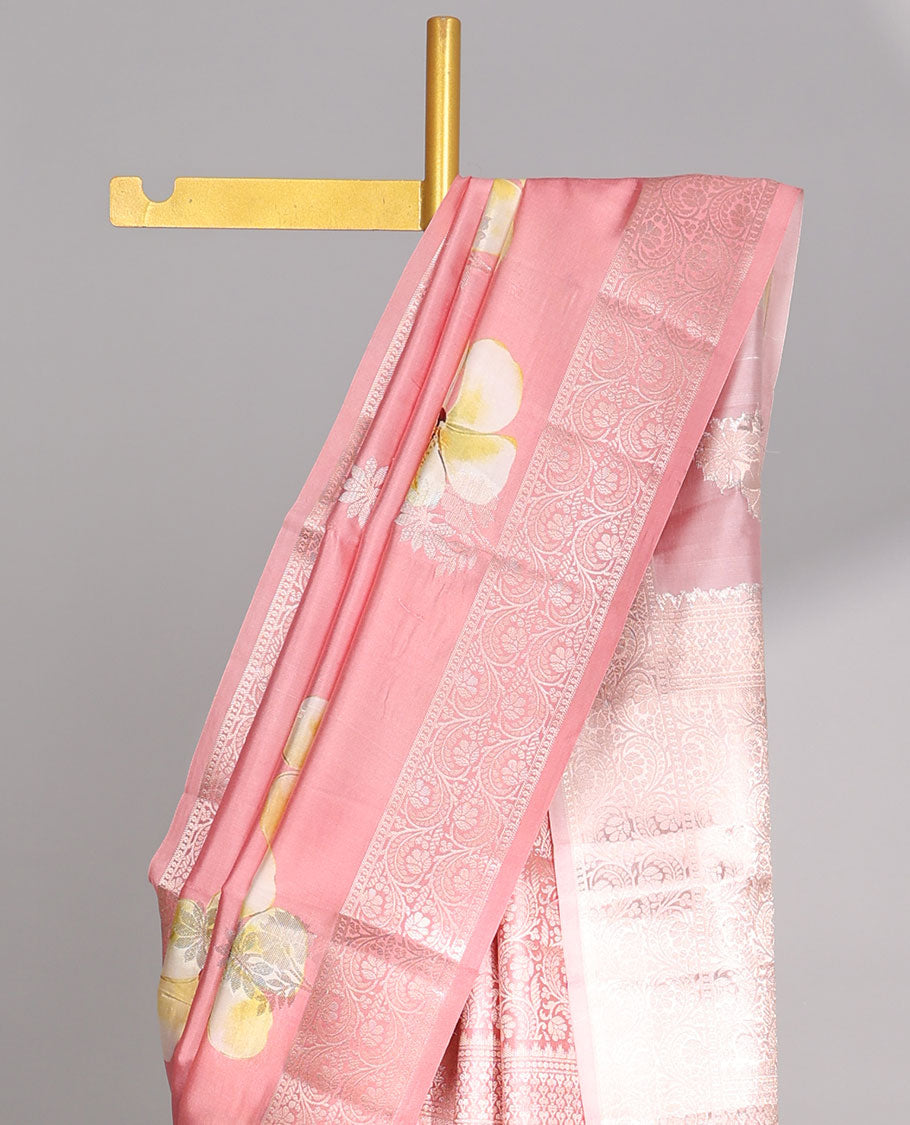 Pink floral printed dupion silk saree with self floral zari design border & intricate zari design pallu