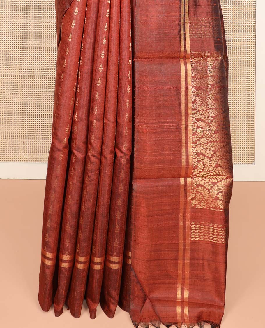 Rust Orange Dupion Silk Saree, Steeped with Zari Buttas All Over Its Body, Subtly Woven Zari Striped Border, Gleaming Pallu of Floral Vine Designs, and Paired with a Matching Blouse