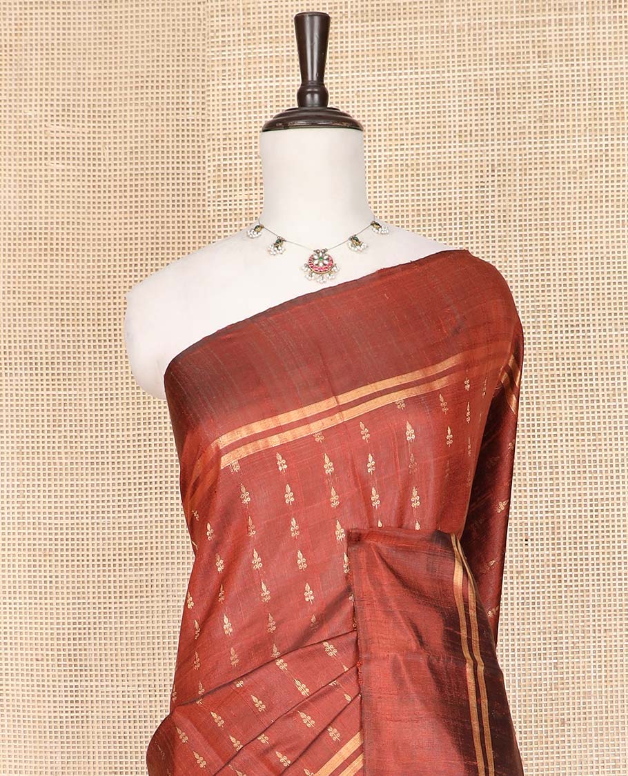 Rust Orange Dupion Silk Saree, Steeped with Zari Buttas All Over Its Body, Subtly Woven Zari Striped Border, Gleaming Pallu of Floral Vine Designs, and Paired with a Matching Blouse