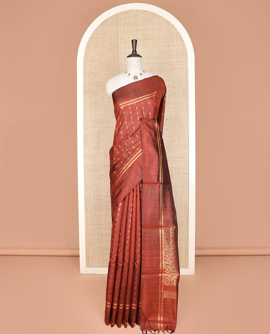 Rust Orange Dupion Silk Saree, Steeped with Zari Buttas All Over Its Body, Subtly Woven Zari Striped Border, Gleaming Pallu of Floral Vine Designs, and Paired with a Matching Blouse