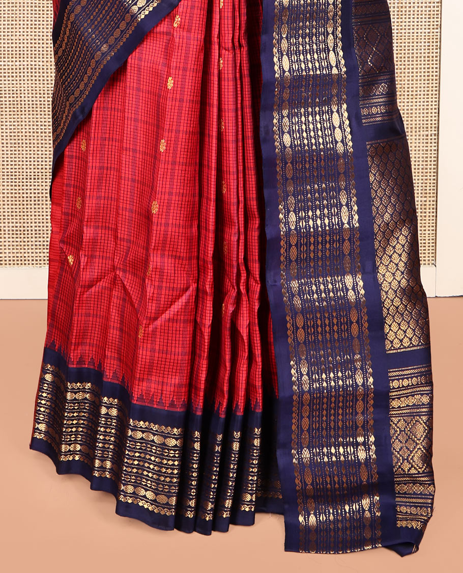 Red Gadwal Silk Saree, Finely Crafted with Buttas and Checks, Complemented by a Contrast Traditional Zari Border, Grand Jaal Pallu, and a Contrast Blouse