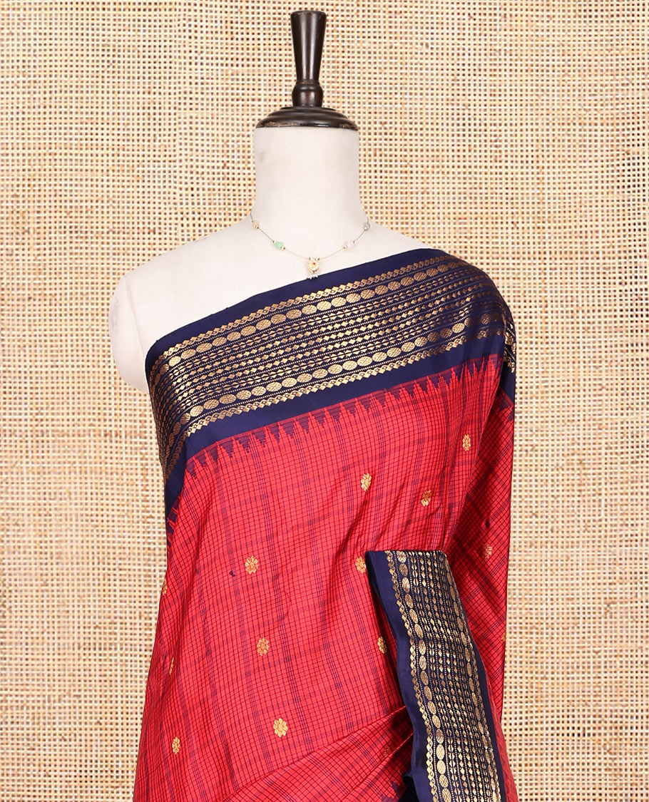 Red Gadwal Silk Saree, Finely Crafted with Buttas and Checks, Complemented by a Contrast Traditional Zari Border, Grand Jaal Pallu, and a Contrast Blouse