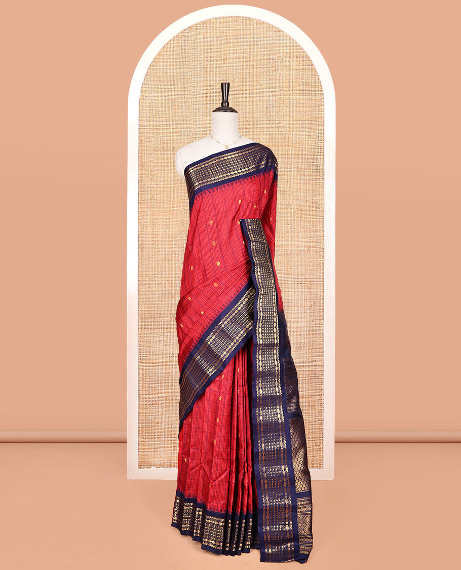 Red Gadwal Silk Saree, Finely Crafted with Buttas and Checks, Complemented by a Contrast Traditional Zari Border, Grand Jaal Pallu, and a Contrast Blouse