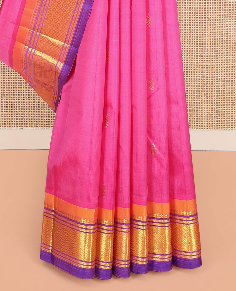 Pink Kanchipuram Silk Saree, Accentuated with Zari Buttas on Its Body, Complemented by a Contrast One-Sided Border of Panner Sombu, Banaras, and Mayil Kann Designs, Pallu of Zari Designs, and Comes Without a Blouse