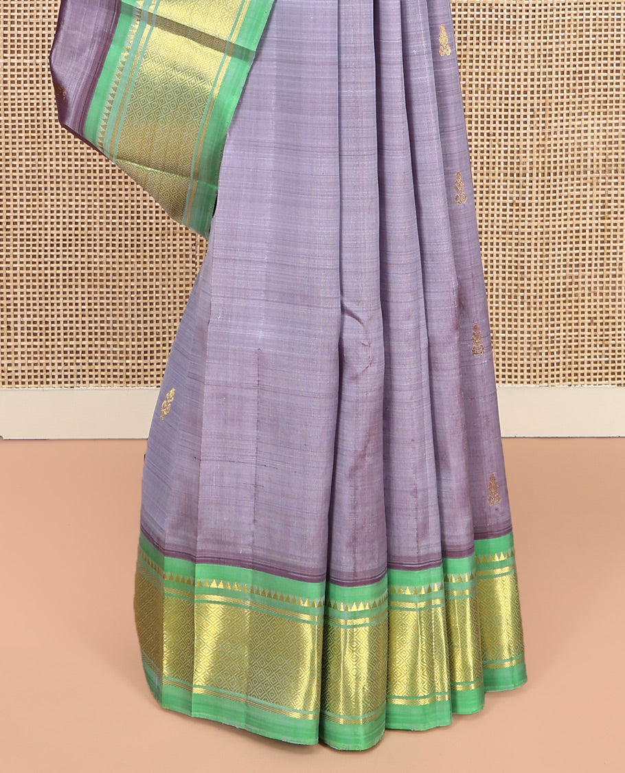 Grey Kanchipuram Silk Saree,  Detailed with Zari Buttas, a Contrast One-Sided Border of Rekku, Banaras, and Jaal Designs, Zari Design Pallu, and No Blouse
