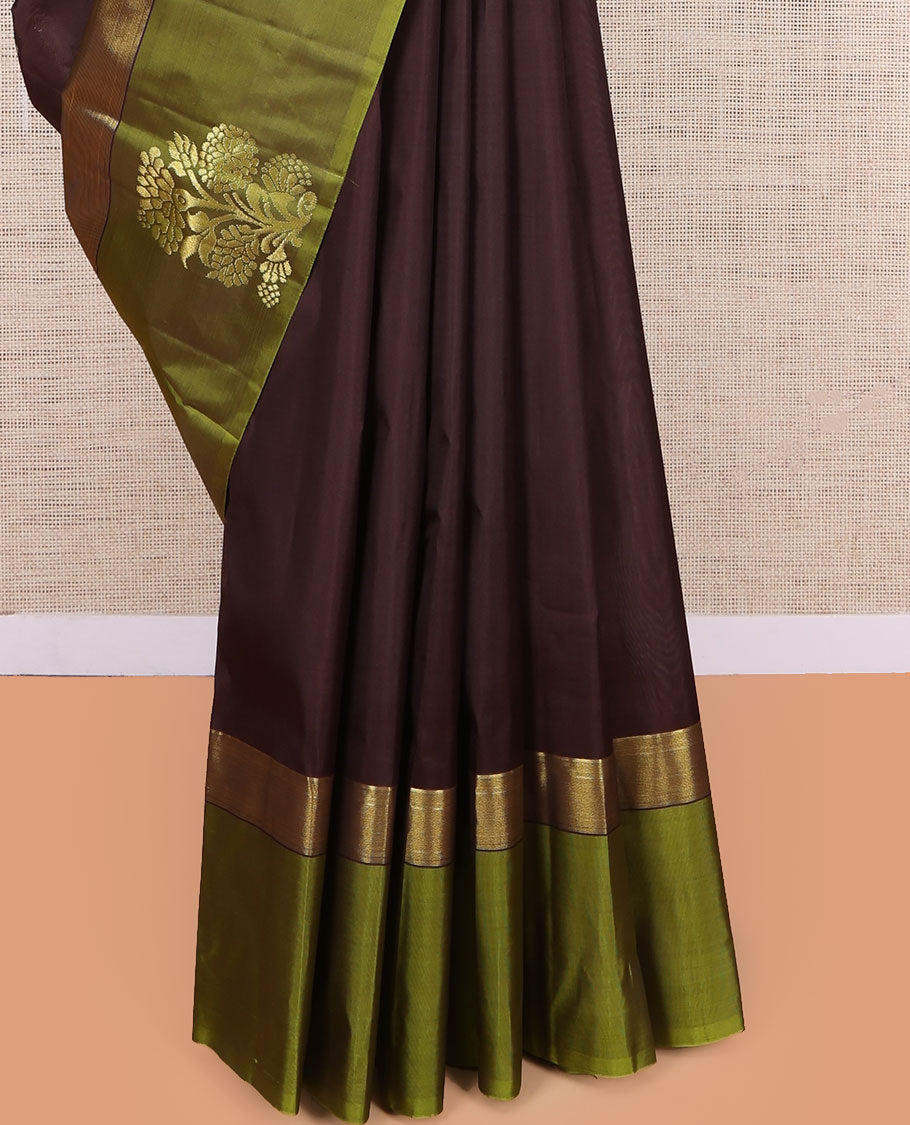 Brown Kanchipuram Silk Saree, Woven with Floral Zari Buttas, a Contrast Floral Zari Design Border, Floral Design Pallu, and a Contrast Blouse