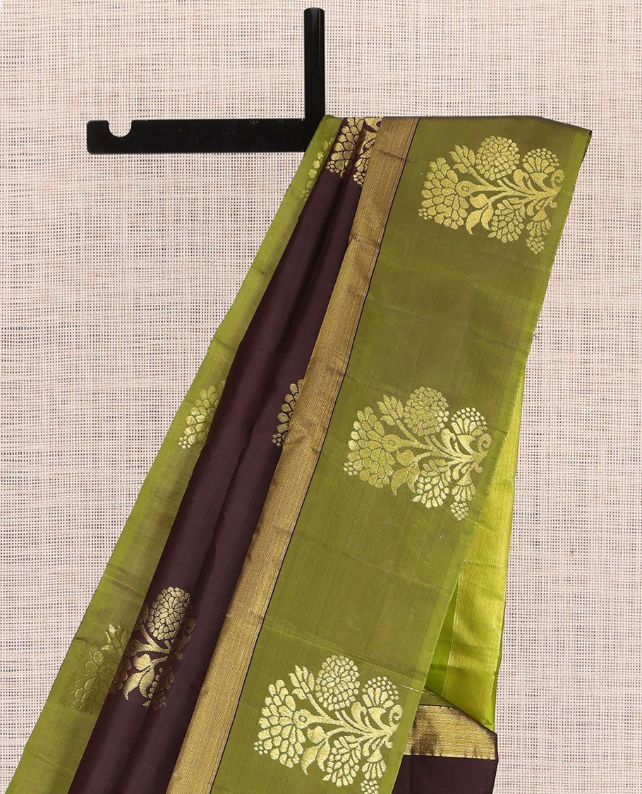 Brown Kanchipuram Silk Saree, Woven with Floral Zari Buttas, a Contrast Floral Zari Design Border, Floral Design Pallu, and a Contrast Blouse