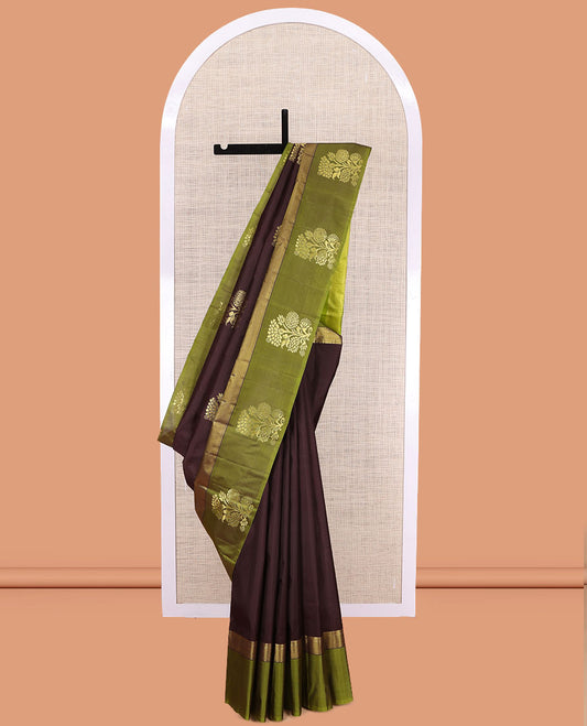 Brown Kanchipuram Silk Saree, Woven with Floral Zari Buttas, a Contrast Floral Zari Design Border, Floral Design Pallu, and a Contrast Blouse